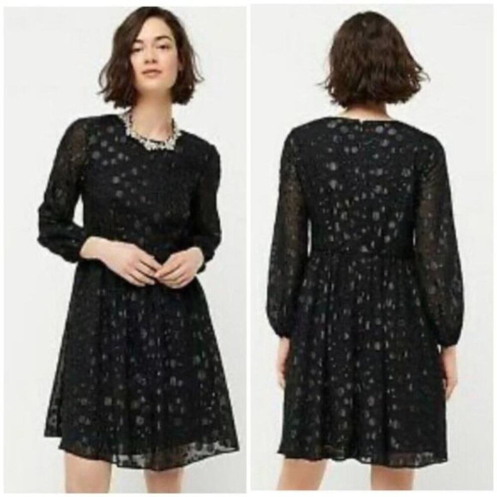 J. Crew Black A-Line Metallic Dot Jacquard Dress Size 4